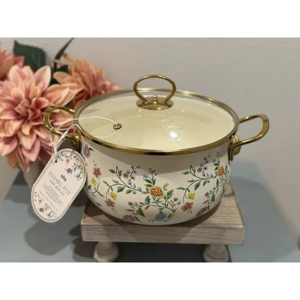 Alta Wildflower Patterned Enamel Pot w/glass lid and golden handle 3.75 Qt
